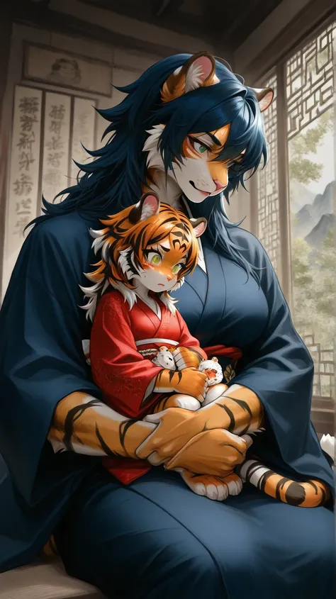 Mountain and rice fields, male orange tiger furry and older female with breast orange tiger furry holding tiger baby, young little tiger furry  holding on tiger female arm, 4 tiger furry,  family furry portrait, male green eyes、male short dark blue hair, m...