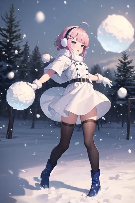 ((top quality)), ((masterpiece)), (Details),  1 girl。blunt bangs。Short Hair。Happy。 braided ponytail with snowballs hitting your face。ahoge。Cute hair clip。 look so young。 small breasts。(moving composition)。 Snow Scenery 。 it's snowing。 comments。Boots。 glove...