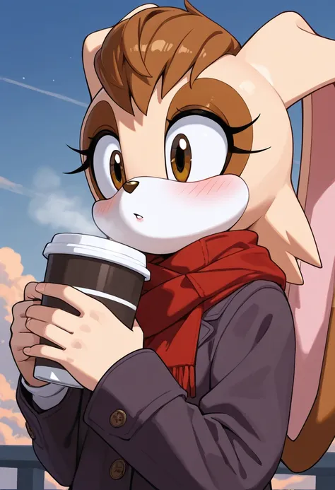 Vanilla The Rabbit, a female cartoon character with point in dark brown hair is seen holding a cup, 1girl, scarf, solo, cup, sky, brown eyes, long hair, cloud, blush, brown hair