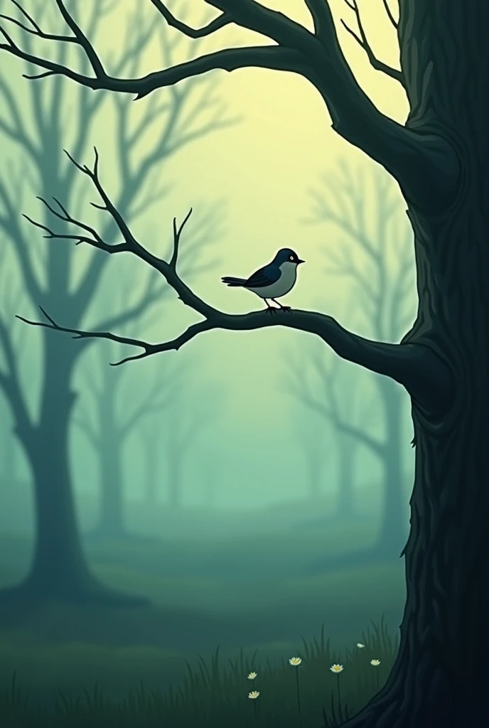 Create a Disney Pixar style wide shot of a small bird perched alone on a leafless tree. The bird is placed off-center to the left, and it is looking down thoughtfully at its branch. The point of view is distant and slightly above, and the lighting should b...