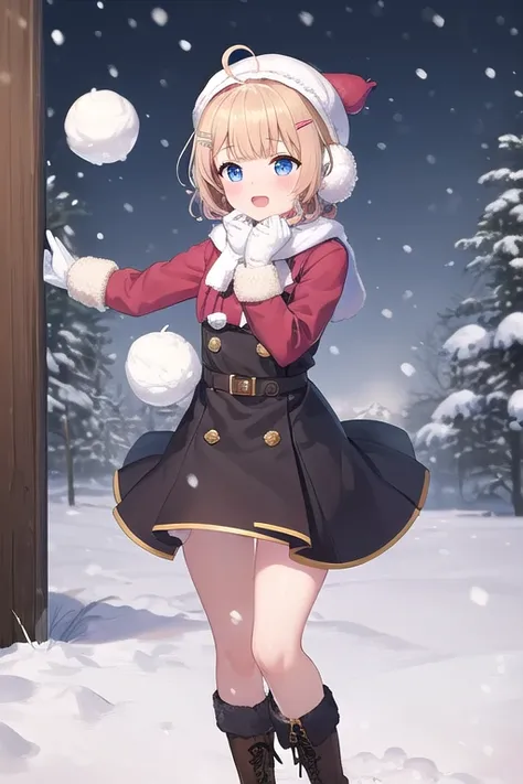 ((top quality)), ((masterpiece)), (Details),  1 girl。blunt bangs。Short Hair。Happy。 braided ponytail with snowballs hitting your face。ahoge。Cute hair clip。 look so young。 small breasts。(moving composition)。 Snow Scenery 。 it's snowing。 comments。Boots。 glove...