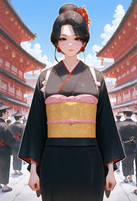 mixed_artwork style, (perfect anatomy, perfect face), black hair, hair in a bun, black eyes, perfect eyes, black kimono, standing, (eastern village, samurai in the background, people with oriental looks in the background), mole under eye, huge body, massiv...