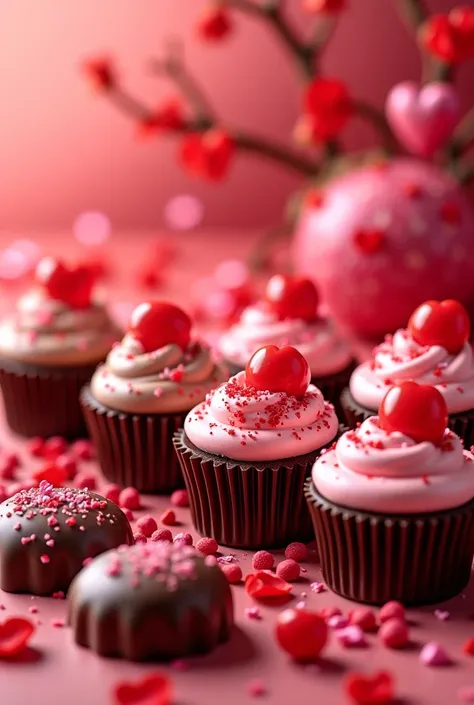 Create me realistic chocolates and cakes with a Valentine's Day theme love 