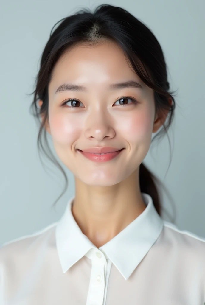 Photorealistic, high-resolution (8K) image of a young, attractive woman with a natural beauty, posing for an official passport photo. She has clear, radiant skin, soft facial features, and a neutral yet approachable expression (slight closed-lip smile). He...