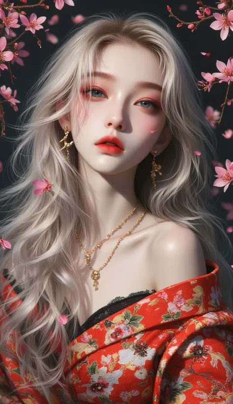 ((White hairstyle:1.5))(Japan Kimmono  with cherry blossom pattern:1.3), symmetrical, ( Top Quality, Realistic images:1.4, Raw images:1.2, Cinema Light,  High Detail Illustration), (1 kvinner:1.3,  alone), ( Asian girl,  delicate face ,  Very beautiful fac...