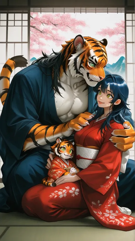 Mountain and rice fields, male orange tiger furry and female orange tiger furry holding tiger baby, young little tiger furry  holding on tiger female arm, 4 tiger furry,  family furry portrait, male green eyes、male short dark blue hair, male furry orange w...