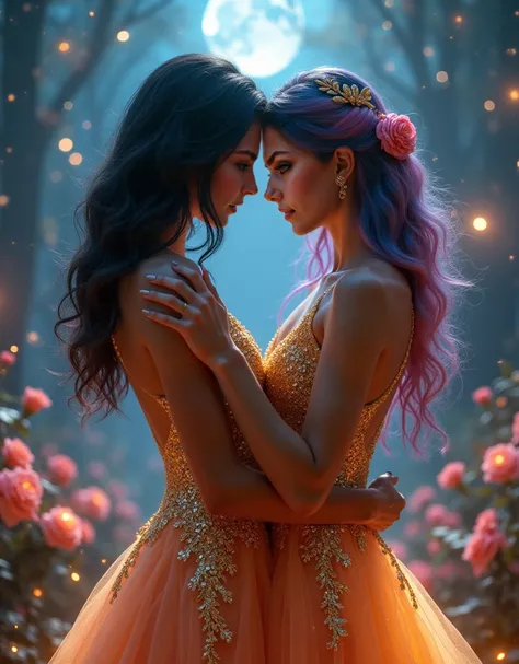 ultra realistic professional full body facing camera  ((({two women - one with pink and blue hair, one with black hair} in {luxurious golden rose dresses}, {passionately dancing and cuddling in intimate embrace}, Art Station contemporary romantic fantasy a...