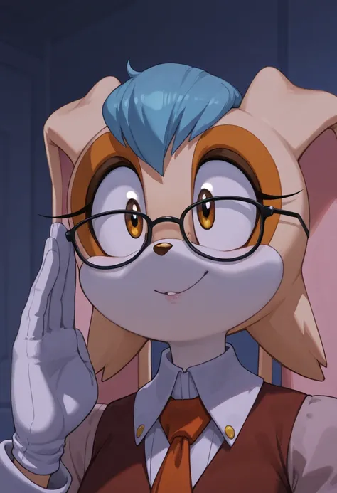 Vanilla The Rabbit, a woman with glasses looking straight ahead in an anime image that has a shadowy background against the light source, 1girl, solo, glasses, blue hair