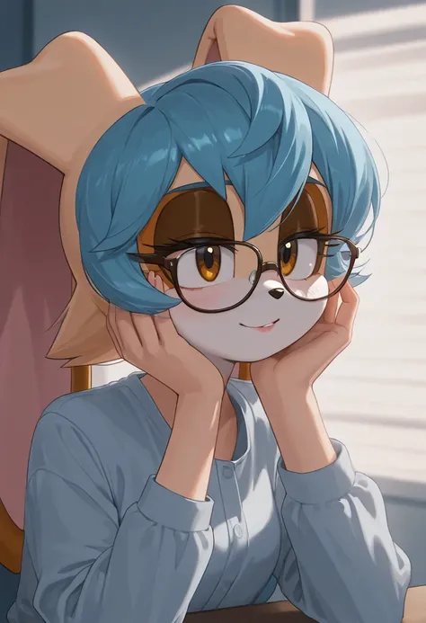 Vanilla The Rabbit, a woman with glasses looking straight ahead in an anime image that has a shadowy background against the light source, 1girl, solo, glasses, blue hair