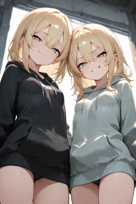 Masterpiece, 2girls, twins, thick thight, young, mesugaki, smug, blonde, small breasts, grey eyes, hair between eyes, medium hair, small pupils, hoodie, looking at viewer, from below, tactical cloth