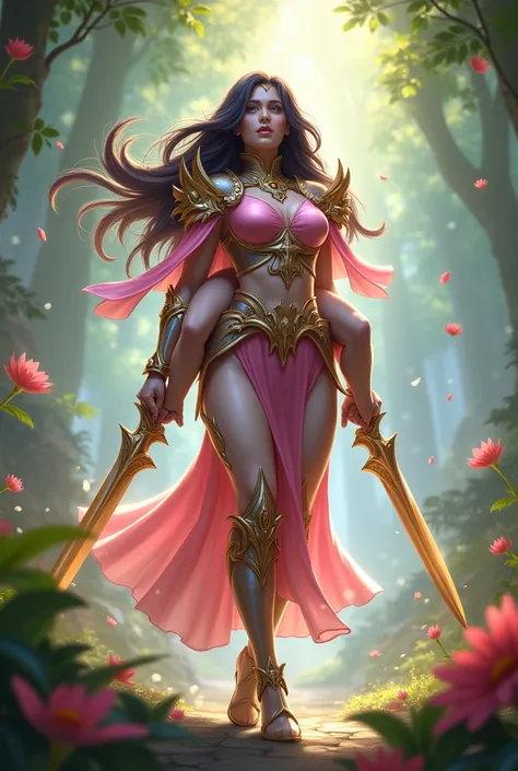 irelia League of Legends, tall, order of the lotus skin pink giving piggyback to Garen male, irelia carrying garen