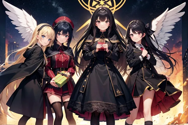 High image quality, high resolution, smooth gradation, vivid colors, a black cloak, a black student uniform, black stockings, black lace-up shoes, black hair, a high school girl, Fresco of saints, three girls with her hands folded in front of her chest, ho...