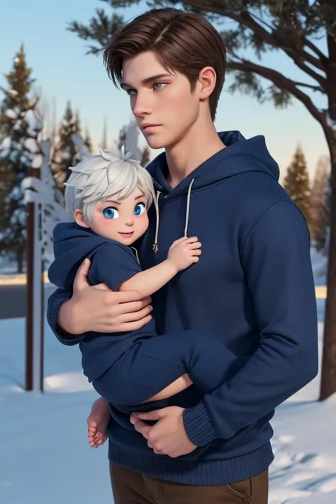 Generate 3d animated images of  Jack Frost, rise of the guardians character Caucasian, 18 yr old  boy, 5'9 tall, skin brown pants, navy blue pullover hoodie with glistening Frost marks on the shoulders, wrists, hoodie pockets, barefoot, carrying a 6 ft tal...