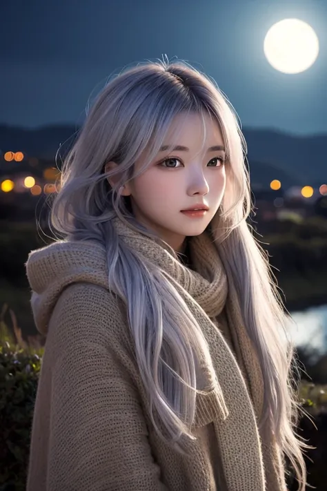 Beautiful girl with silver hair 、( casually bundled hair )、On the hill at night、 illuminated by moonlight、 Fantastic、 gentle expression、 LOOKING HERE、whole body、Moonlight shines in like rays