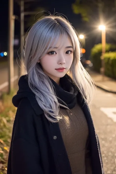 Beautiful girl with silver hair 、( casually bundled hair )、On the hill at night、 illuminated by moonlight、 Fantastic、 gentle expression、 LOOKING HERE、whole body、Moonlight shines in like rays