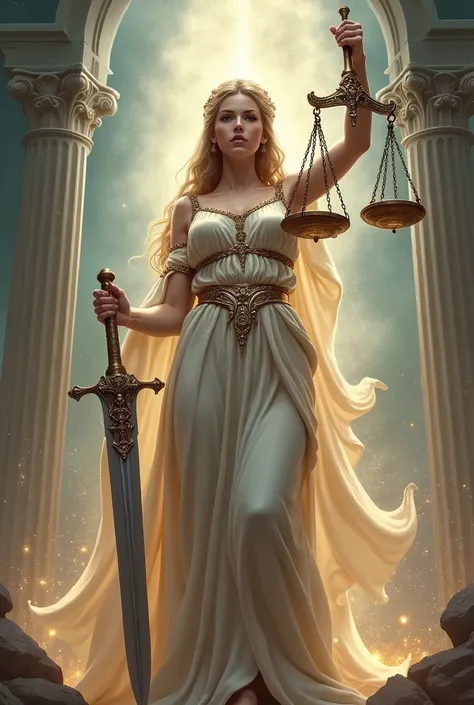 Goddess of justice with scales and sword written the phrase audent fortuna iuvat