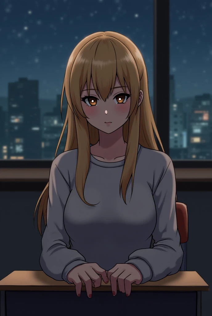 Female 1 ,  Animation ,  In a school classroom ,  Dark night outside the window,  sitting in a chair, 2 drops of sweat , Blonde,  long hair, Comfortable clothes , sweatshirt,  Hands are a little over ,  Brown eyes ,bust, Turn your head and look at the user...