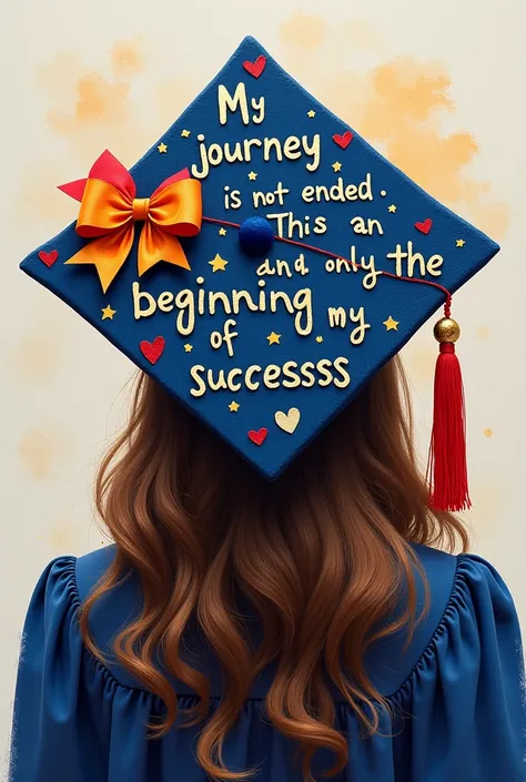 
 create a picture of a graduation hat in a dark oil color
It is written on it
1. small bows
2 . in different colors 
In the middle, Mariam 3 .Write my journey has not ended. This is only the beginning of my successes . Write graduation