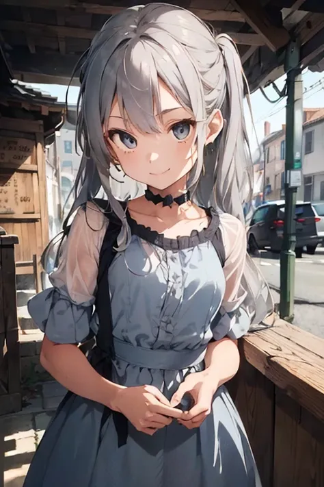 (( top quality)), (( Masterpiece)), (  Details), 1 girl holding her elbows behind her back, flat style, beautiful girl, , long gray hair, eyes visible from between her hair, lightly twisting the hair on the side of her ears, beautiful gray hair, smiling, b...