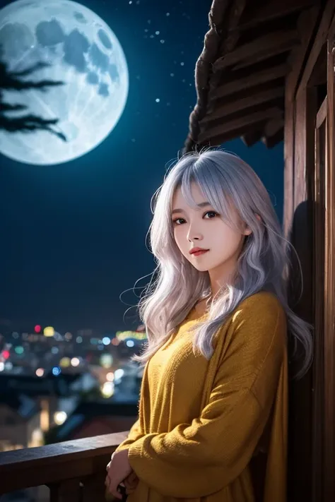 Beautiful girl with silver hair 、( casually bundled hair )、On the hill at night、 illuminated by moonlight、 Fantastic、 gentle expression、 LOOKING HERE、whole body、 the moonlight shines in like a ray、A golden dragon is flying behind it 