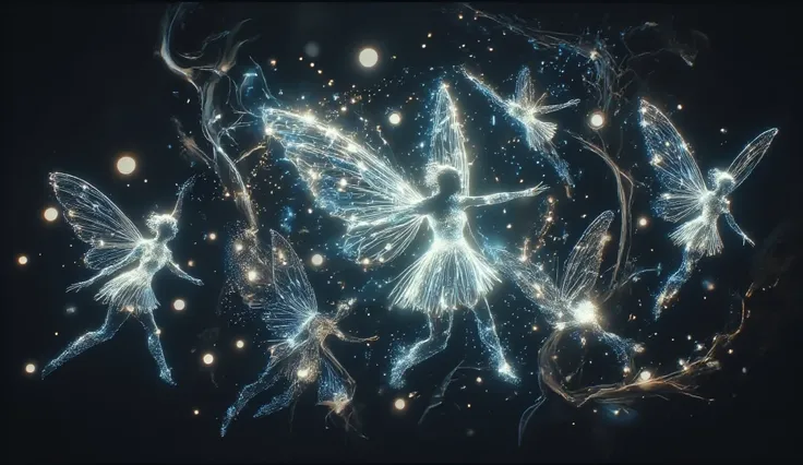 ethereal digital illustration of tiny luminescent fairies dancing through a pitch-black void, inspired by James Jean's dreamy style, delicate fairy wings emitting soft pearl-white glow, surrounded by swirling fireflies and sparkling light motes, fairies sh...