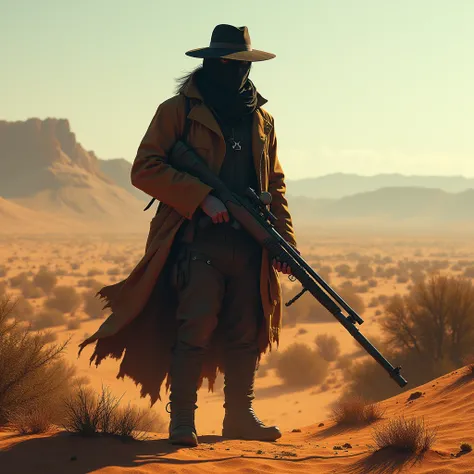 A mysterious character in a black cap holding a rifle and wearing a hunter's coat , The background of the image is clear and energetic, wild environment in the African desert