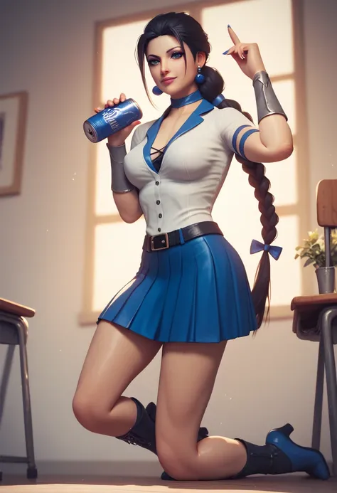 A  girl like Kitana from Mortal Combat  ,  can be seen in her full body very young dressed as a schoolgirl the scene is very cute and sweet