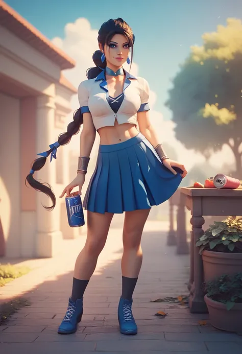 A  girl like Kitana from Mortal Combat  ,  can be seen in her full body very young dressed as a schoolgirl the scene is very cute and sweet