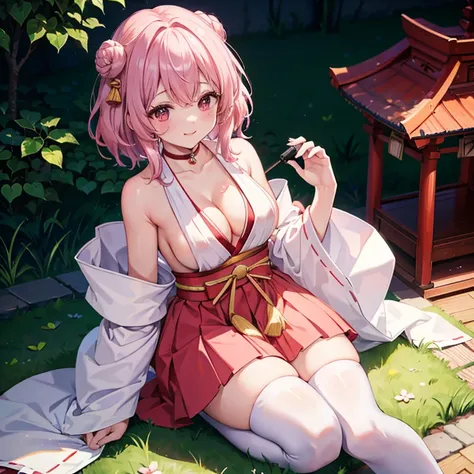 (( top quality))、(( Masterpiece))、( Details)、( ultra high resolution)、 cute girl、 pees on a very young 、
( pink hair with crotch、 long hair、 hair ornament)、 very big breasts、
(((Shrine maiden、 cleavage、Sleeveless、 white knee socks、 kimono、 choker、short hak...