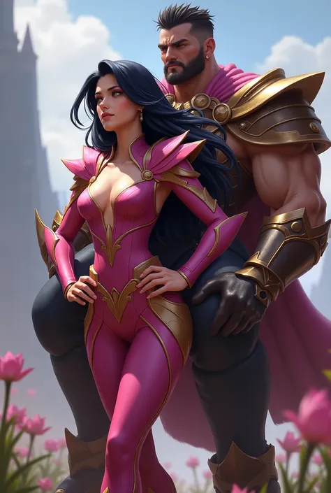 irelia League of Legends, tall, fair skin, order of the lotus skin pink giving piggyback to Garen male, irelia carrying garen, garen big, adult