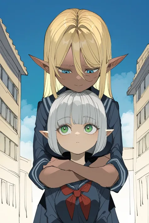 2girls, 1girl\(female elf, blonde long hair, azure eyes, pointy ears\), 1girl\(dark elf, silver bob cut, green eyes, pointy ears\), breasts, high school uniform, Warm Embrace, hugging each other, Healed look, standing, School building, upper body, face sho...