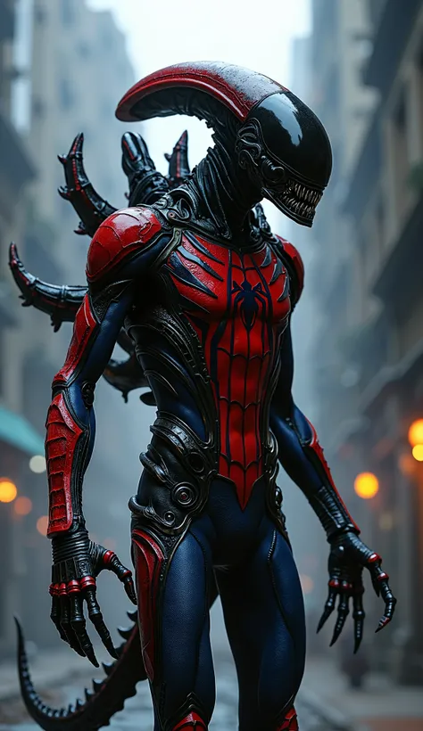 "A fusion of Spider-Man and the Xenomorph from Alien, combining elements of both characters into a single hybrid being. This creature has the sleek, biomechanical exoskeleton of a Xenomorph, but with red and blue patterns inspired by Spider-Man's suit, fea...