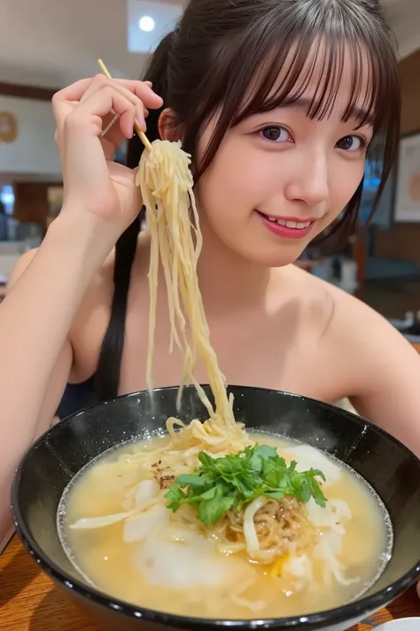 「 A scene where Japanese women are eating delicious ramen。She lifts noodles with chopsticks 、 smiles on a steaming bowl 。 The background is a counter seat at a traditional Japanese ramen shop 、 warm lighting creates an atmosphere 。 The realistic expression...