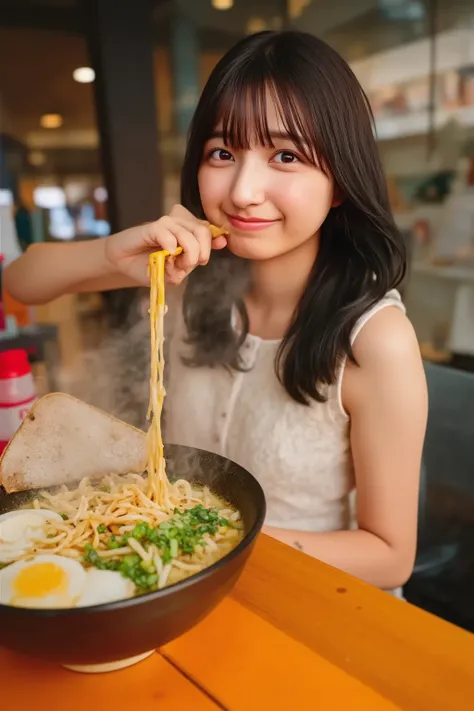 「 A scene where Japanese women are eating delicious ramen。She lifts noodles with chopsticks 、 smiles on a steaming bowl 。 The background is a counter seat at a traditional Japanese ramen shop 、 warm lighting creates an atmosphere 。 The realistic expression...