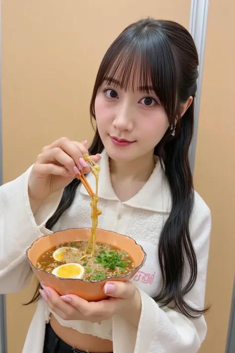 「 A scene where Japanese women are eating delicious ramen。She lifts noodles with chopsticks 、 smiles on a steaming bowl 。 The background is a counter seat at a traditional Japanese ramen shop 、 warm lighting creates an atmosphere 。 The realistic expression...