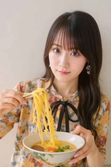 「 A scene where Japanese women are eating delicious ramen。She lifts noodles with chopsticks 、 smiles on a steaming bowl 。 The background is a counter seat at a traditional Japanese ramen shop 、 warm lighting creates an atmosphere 。 The realistic expression...