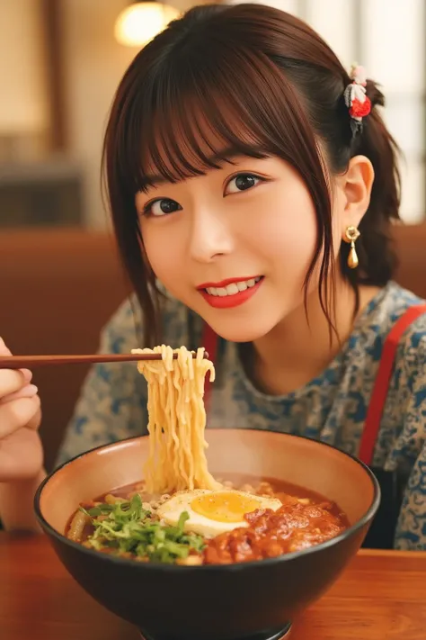 「 A scene where Japanese women are eating delicious ramen。She lifts noodles with chopsticks 、 smiles on a steaming bowl 。 The background is a counter seat at a traditional Japanese ramen shop 、 warm lighting creates an atmosphere 。 The realistic expression...