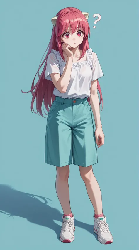  score _9,  score _8_arriba,  good quality ,  masterpiece,  big eyes , simple background 
ElfenliedLucy, Lucy,  long hair, pink hair,  pink eyes,  white blouse,  green shorts,
 looking at the spectator,  full body, confused, one hand on the chin 