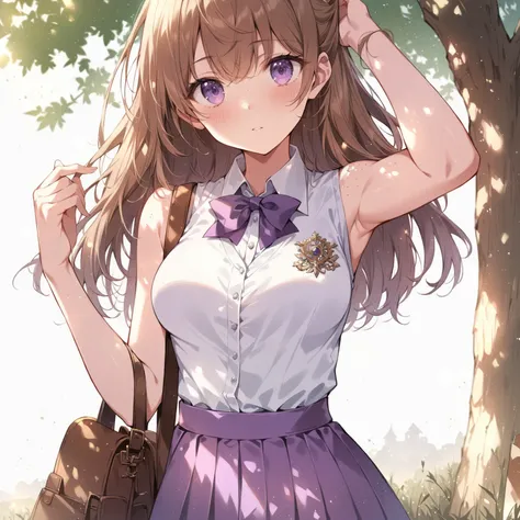 ((Masterpiece, best quality)), JK, intricate details, hand behind head, light freckles, long light brown hair, purple eyes, sleeveless white collared shirt, purple pleaded skirt, ((long swept bangs)), tall weeds, fliers, hair blowing in wind, dusk, light p...