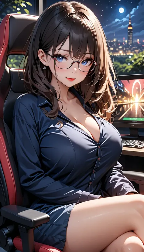 (( Masterpiece)),  top quality,  SUPER DETAILS,  Hi-Res,  extremely detailed CG integrated 8K wallpaper, HQ_HDR, ( deep depth of field on the riverbank), (((wear glasses))), ( attractive female teacher with big breasts), ((Get hooked on online games night ...