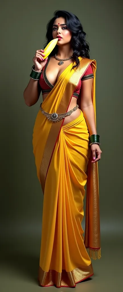 tall curvy lady is dressed in a typical traditional Indian saree and a deep neck blouse that beautifully reveals her cleavage and navel visible, nipples slightly visible, thick, curvy inner thighs completely visible, legs spread open, saree slightly lifted...