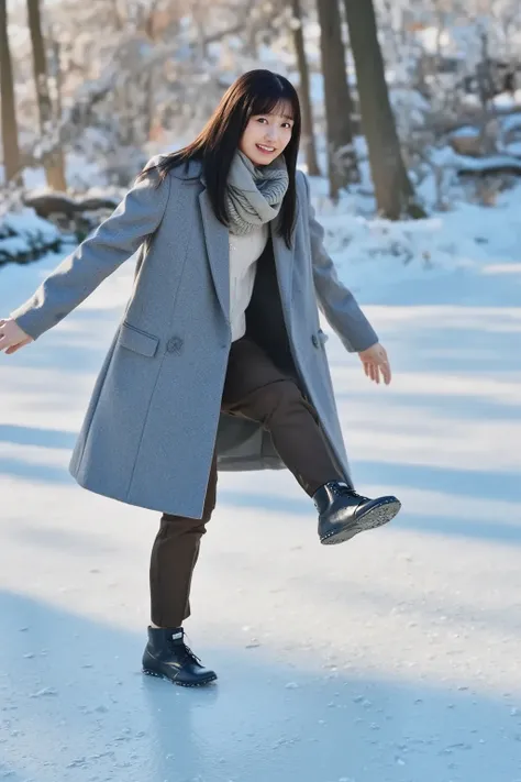 「 a scene where a Japanese woman slides on the ice and almost falls。 She is trying to balance with a surprised expression, but 、 her feet are unstable 。Winter cold outdoors 、 parks and cityscapes with snow piled up in the background 。 she is wearing thick ...