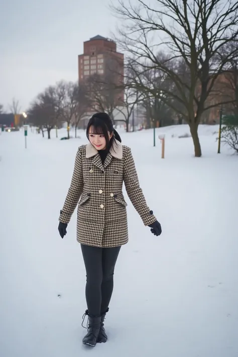 「A scene of a Japanese woman slipping on ice and about to fall。 She is trying to balance with a surprised expression, but 、 her feet are unstable 。Winter cold outdoors 、 parks and cityscapes with snow piled up in the background 。 she is wearing thick coats...