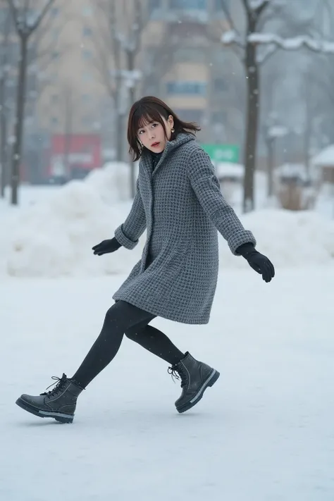 「 a scene where a Japanese woman slides on the ice and almost falls。 She is trying to balance with a surprised expression, but 、 her feet are unstable 。Winter cold outdoors 、 parks and cityscapes with snow piled up in the background 。 she is wearing thick ...