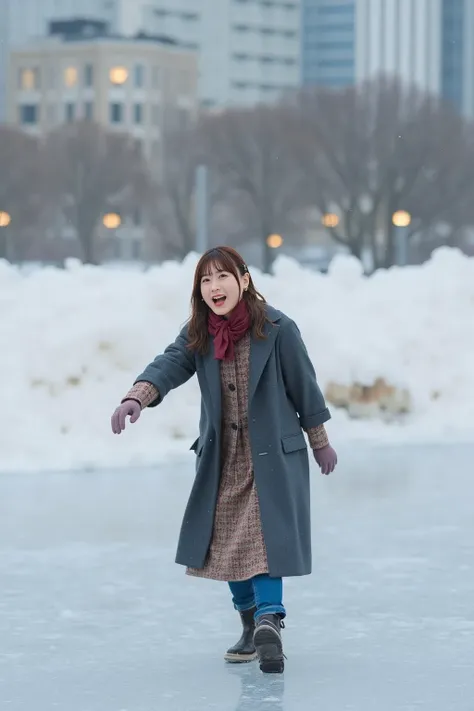 「 a scene where a Japanese woman slides on the ice and almost falls。 She is trying to balance with a surprised expression, but 、 her feet are unstable 。Winter cold outdoors 、 parks and cityscapes with snow piled up in the background 。 she is wearing thick ...