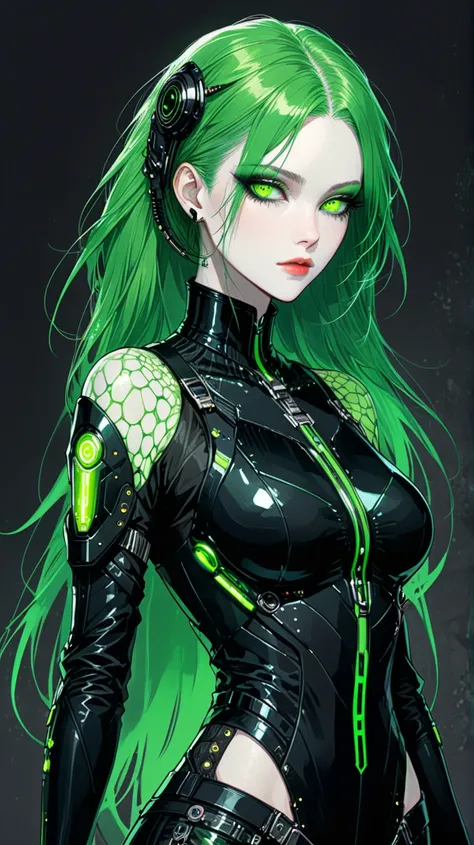 (in style of Harry Clarke:0.8),Character concept design,Cyberpunk style female character，Details: glowing lawngreen eyes，Textured Skin，