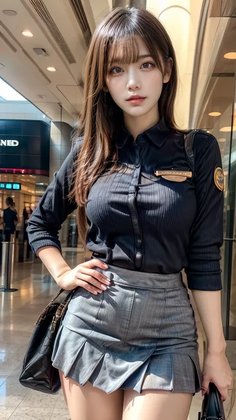 A beautiful, 24-year-old Japanese woman with perfect anatomy, healthy thighs, beautiful legs, beautiful skin, random hair color and style, large breasts, (wearing a flight attendant uniform with a mini-skirt:1.3), (she is standing:1.2), full body shot, pum...