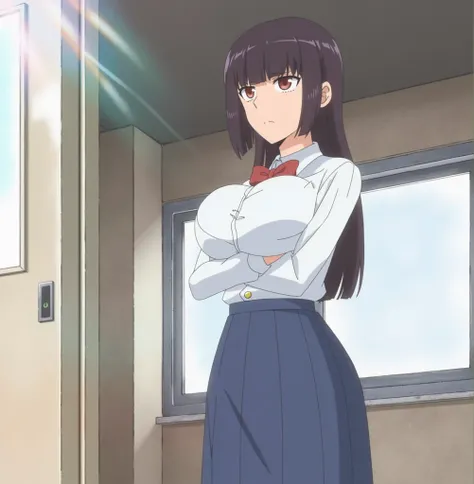  Anime in uniform standing in a room with arms crossed, Outro Iwakura, anime still, official anime still, Still from the TV anime, official studio anime still, Photos A-1, nagatoro, anime still image, close up Outro Iwakura,  anime art style Moe ,  anime v...