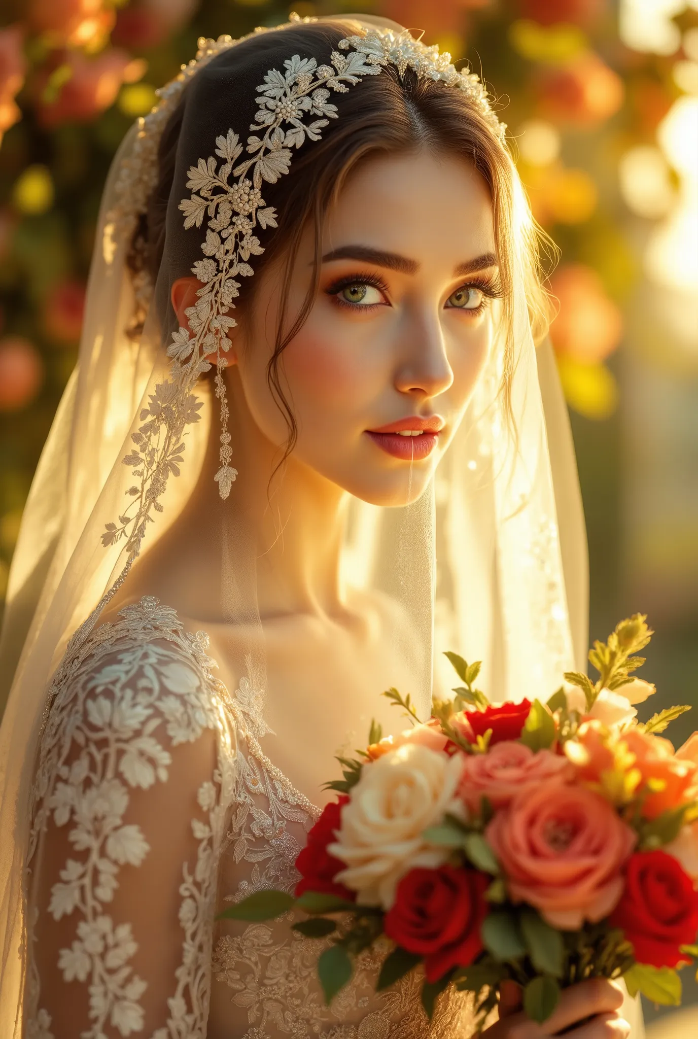 Beautiful Girl in a Wedding Dress sexy in a Veil and with a beautiful bouquet of flowers ,  Girl's face Covered with a beautiful veil with patterns and beautifully shines through sunlight,  beloved AND THE ONLY , 8 k,  Masterpiece ,  Best quality ,  compli...