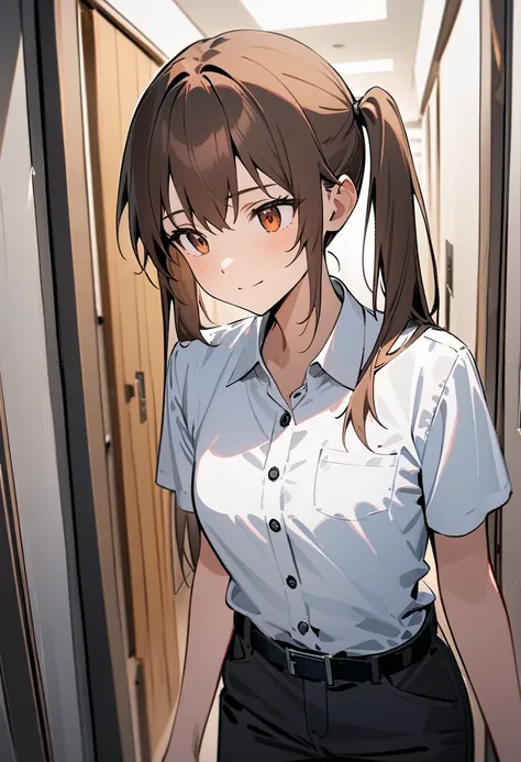 (masterpiece), best quality, expressive eyes, perfect face, 1 Girl, Tall, Tomboy, solo, long twintail hair, brown hair, amber eyes, medium chests, gentle smile, white office shirt, buttoned shirt, short-sleeve, black trouser, black belt, standing, in the o...